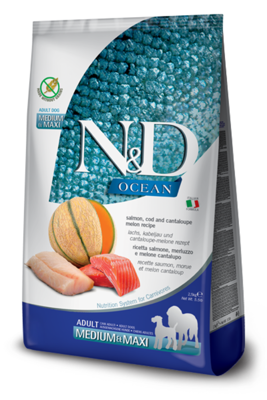N&D Ocean Fish Dog GF Salmon,Cod&Cantaloupe Melon MD&MX 12kg