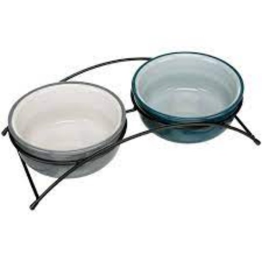 TRIXIE SET POSOD KERAMIKA/KOVINA 2X0.25 L/13CM, petrol/light petrol/grey/light grey