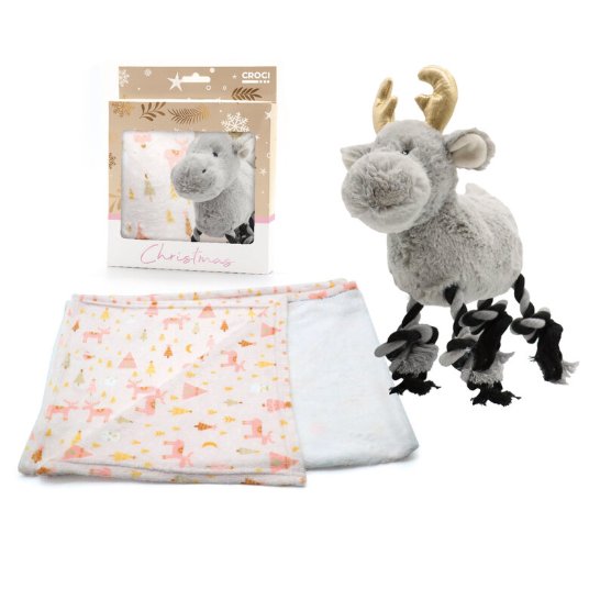 CR Xmas darilni set Plushy za pse, odeja 100x70 cm in igrača jelenček 24 cm, 2 kos